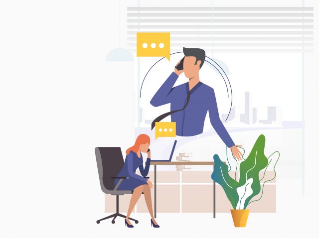 Office workers speaking on mobile phones. Man, woman, speech bubble, workplace. Communication concept. Vector illustration can be used for topics like phone talk, negotiation, dialogue